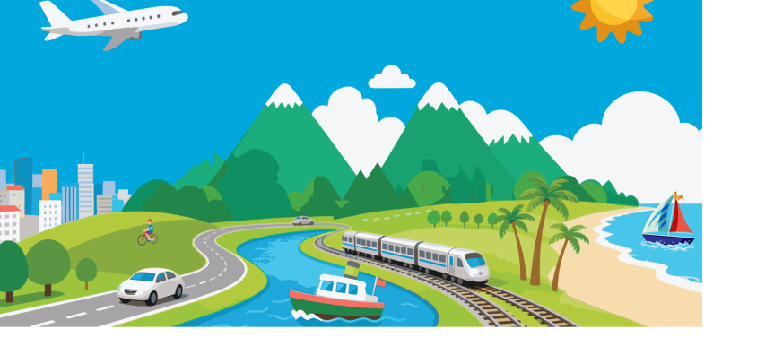 Planes trains and automobiles travel on a sunny day