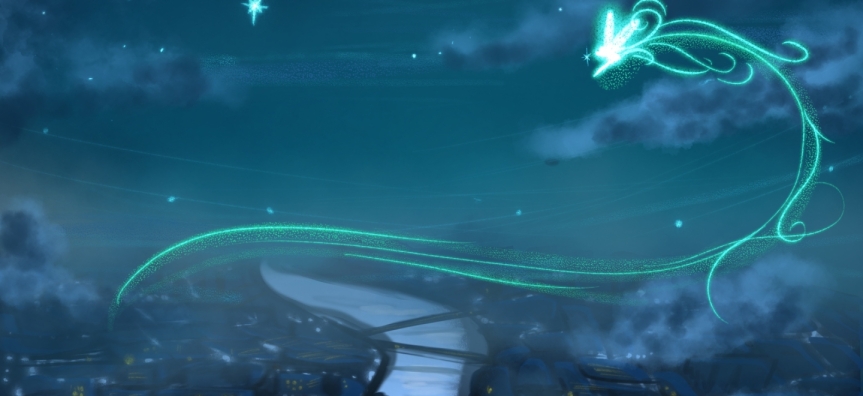Tinkerbelle flying over a magical river